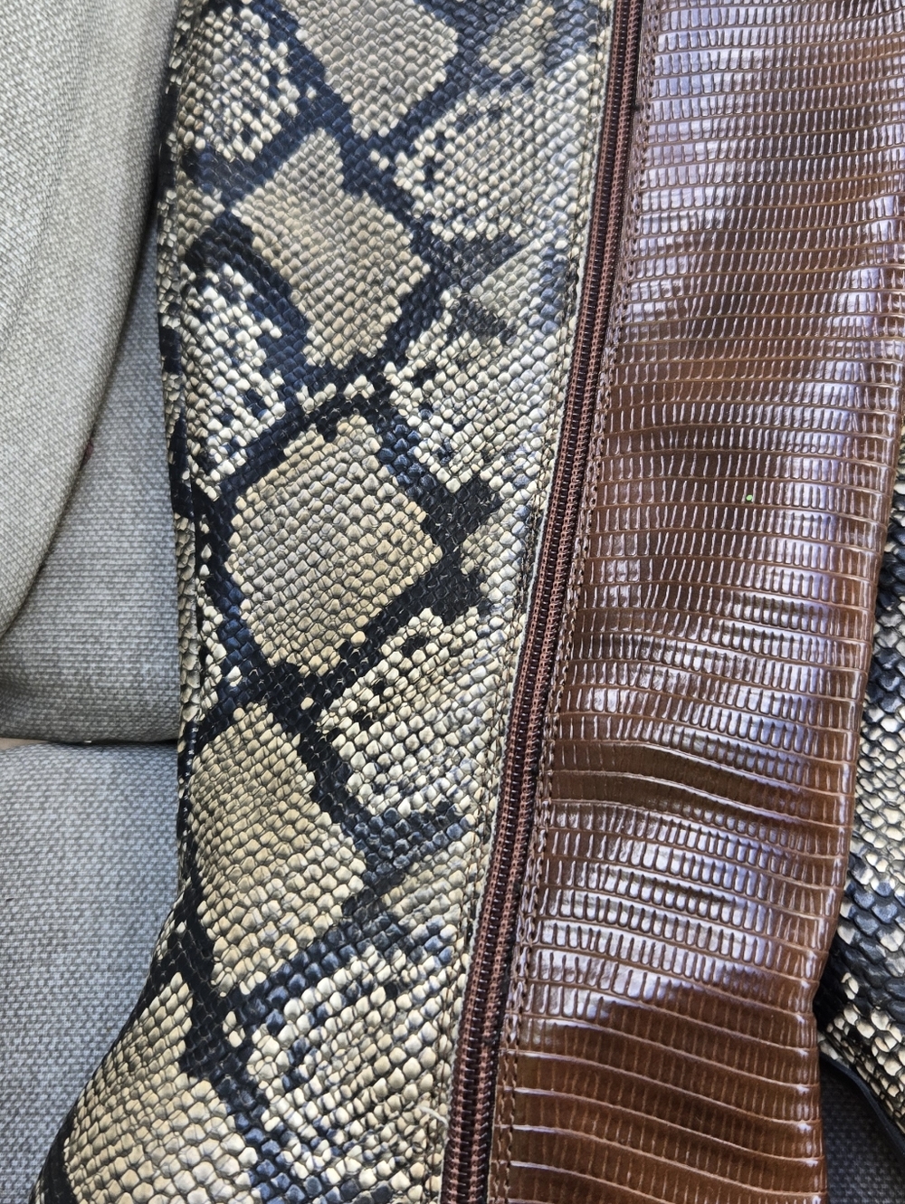 Shoe Dazzle Kioni Brown Snakeskin-Print Knee Boots with Gold Zip - Picture 3 of 16